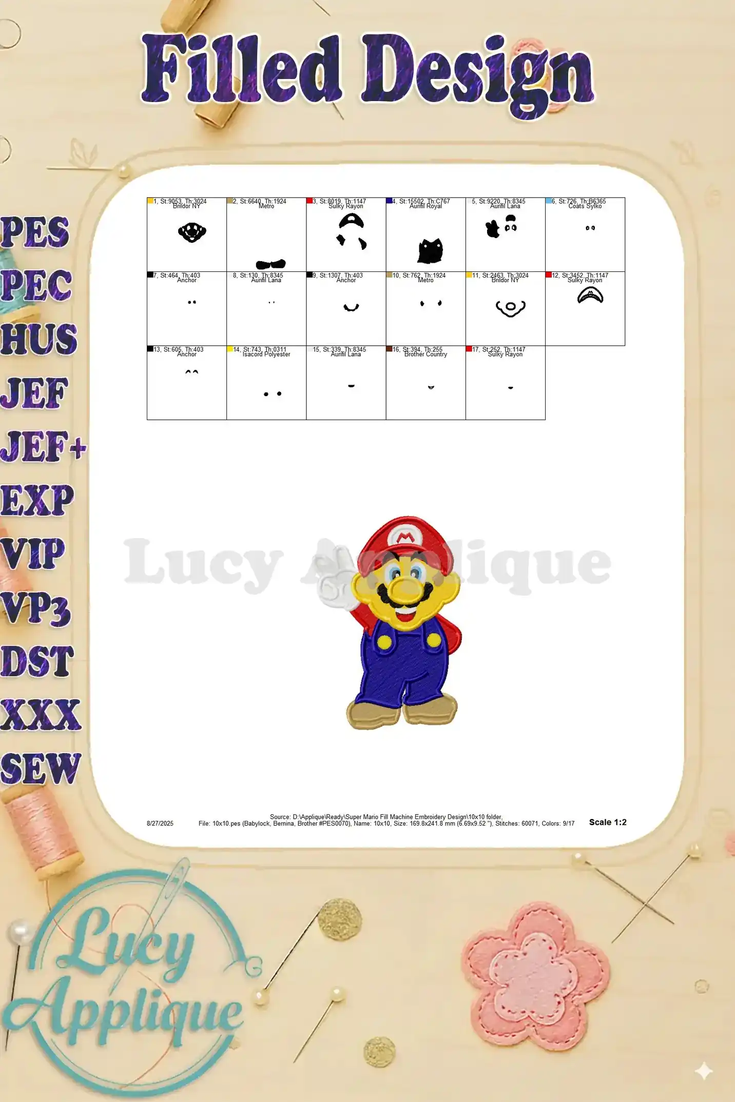 Detailed color chart for the Super Mario filled machine embroidery design, showing various thread codes and color sequences. Helpful for selecting the correct threads.
