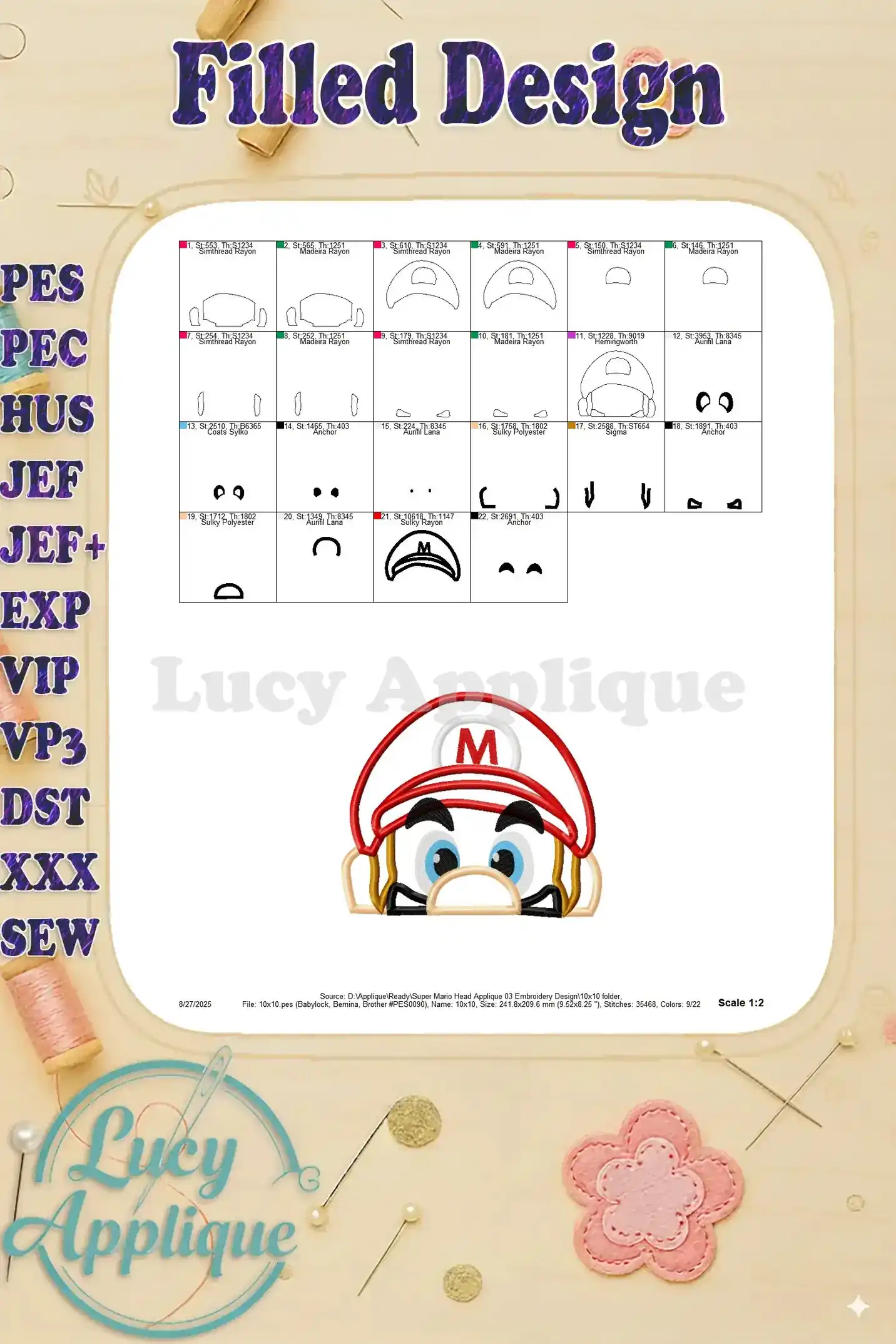Filled design section showing the final look of the Super Mario head applique embroidery design with different color variations.