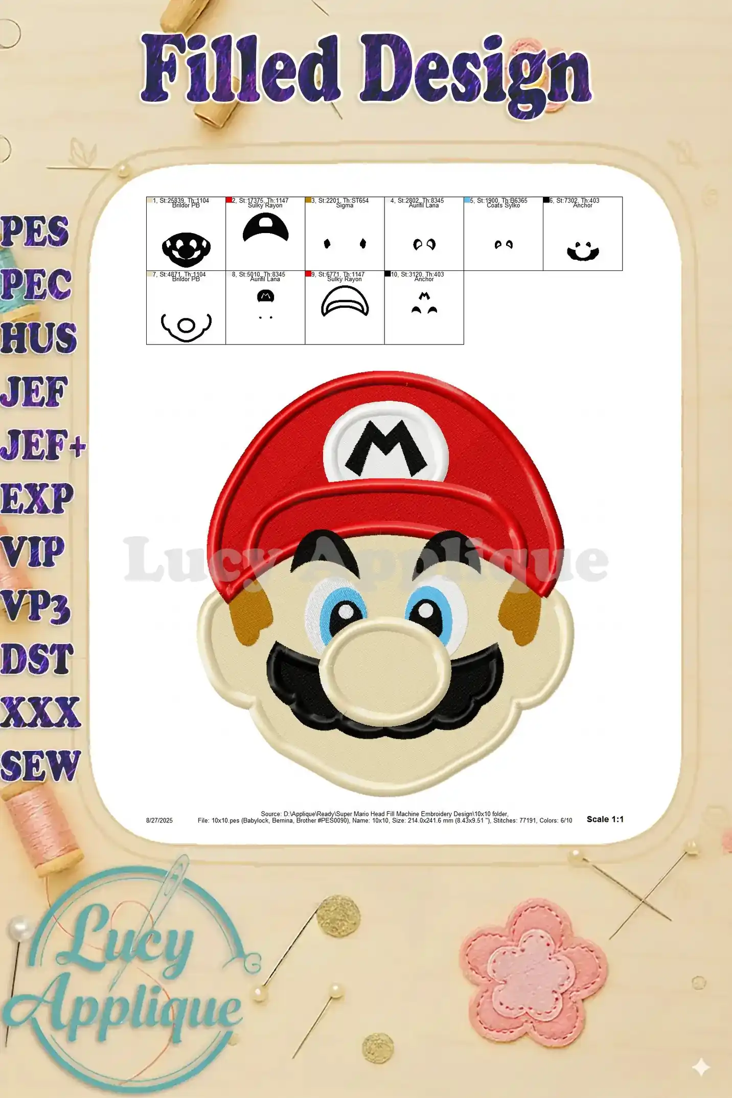 Detailed view of Super Mario head embroidery design, showcasing individual elements and color separations. Useful for understanding the design's structure.