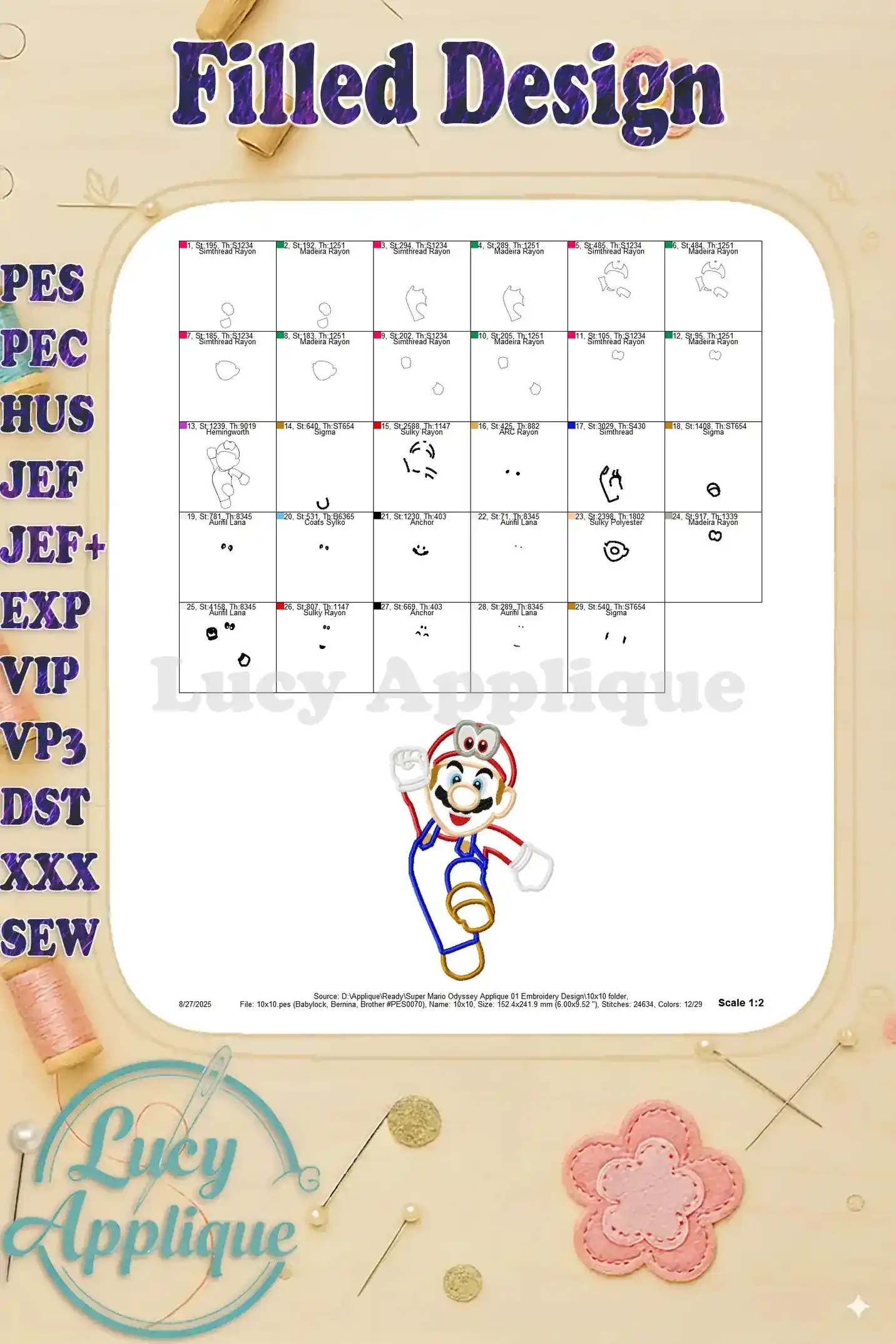 A detailed filled design chart for the Super Mario Odyssey applique embroidery design.