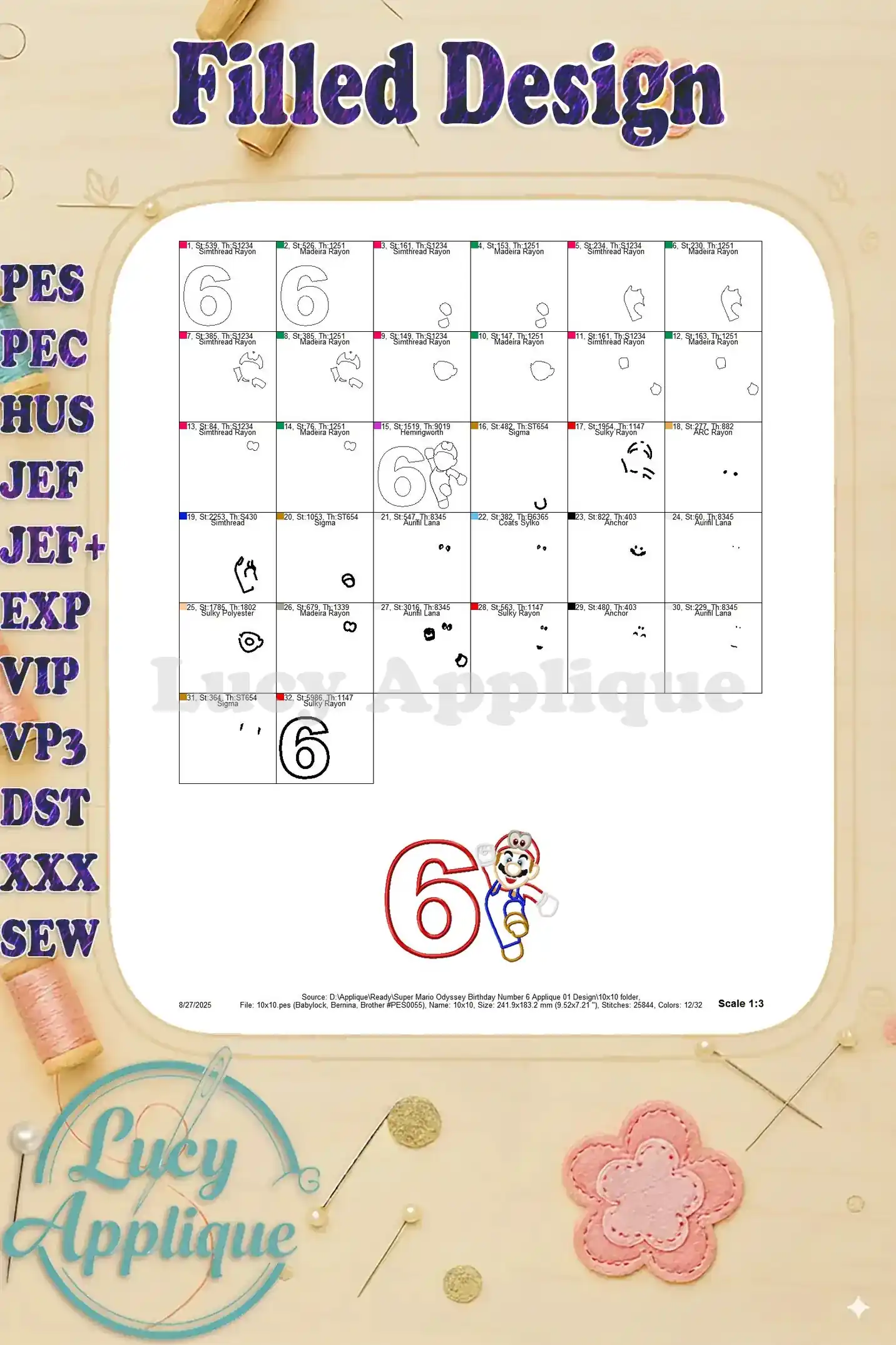 Filled design showing the completed Super Mario Odyssey number 6 applique. Includes details on thread consumption and stitch counts.