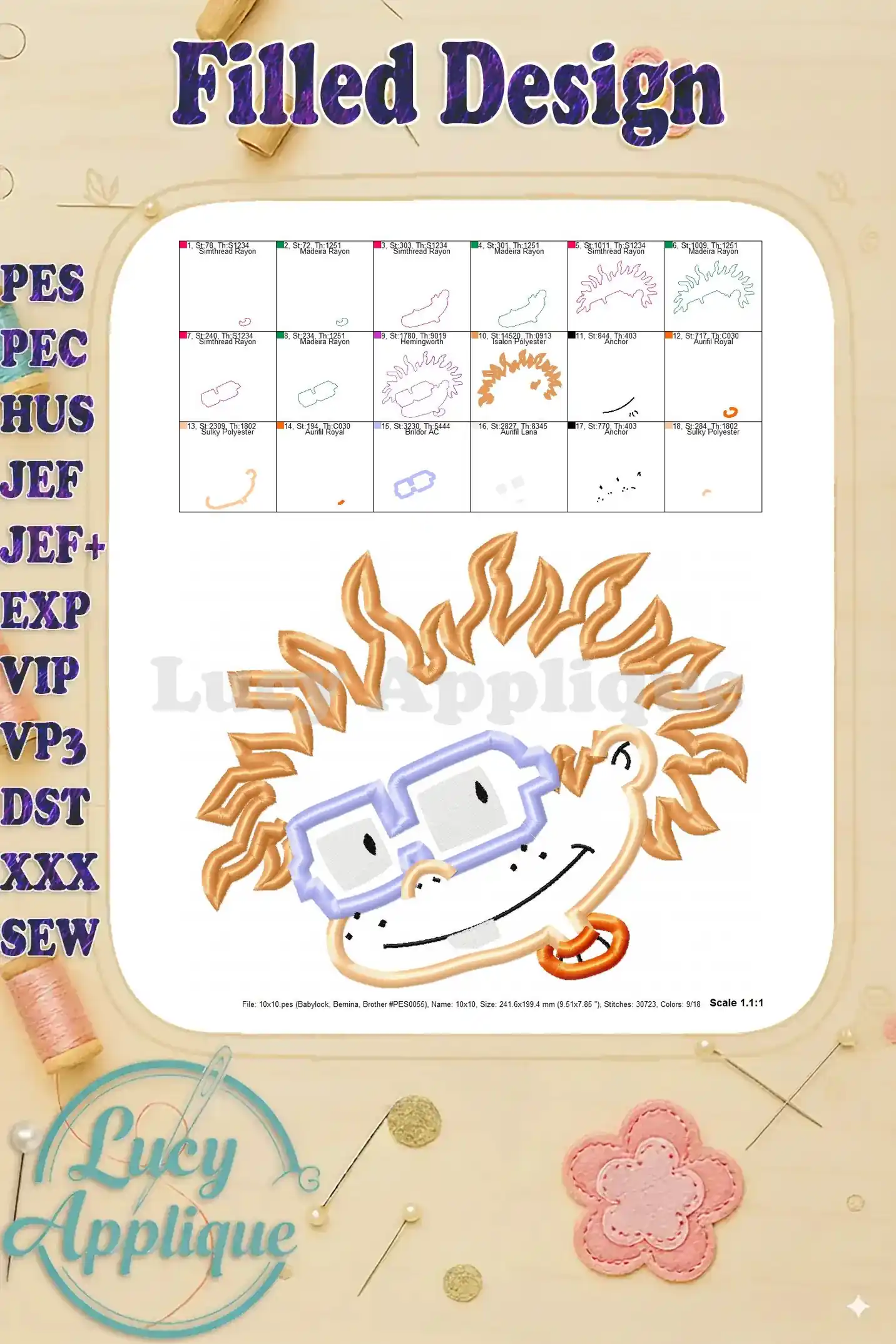 Filled embroidery design of Chuckie Finster from Rugrats, showcasing his complete face with orange hair, glasses, and a playful expression.
