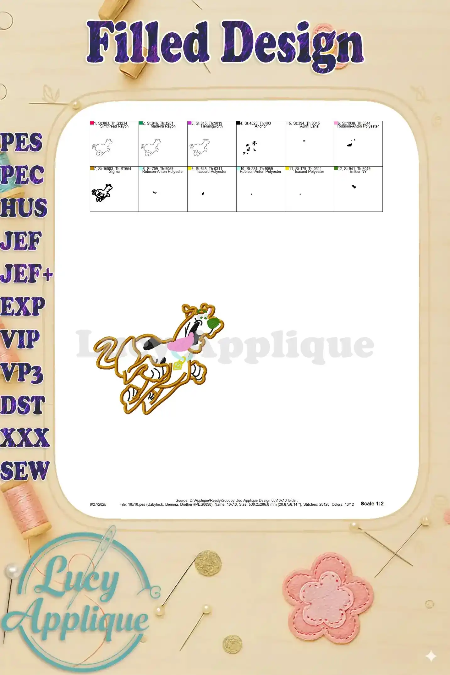 Filled design image of Scooby Doo applique, showing the completed stitched design. Provides a completed look, before being applied to the final product.