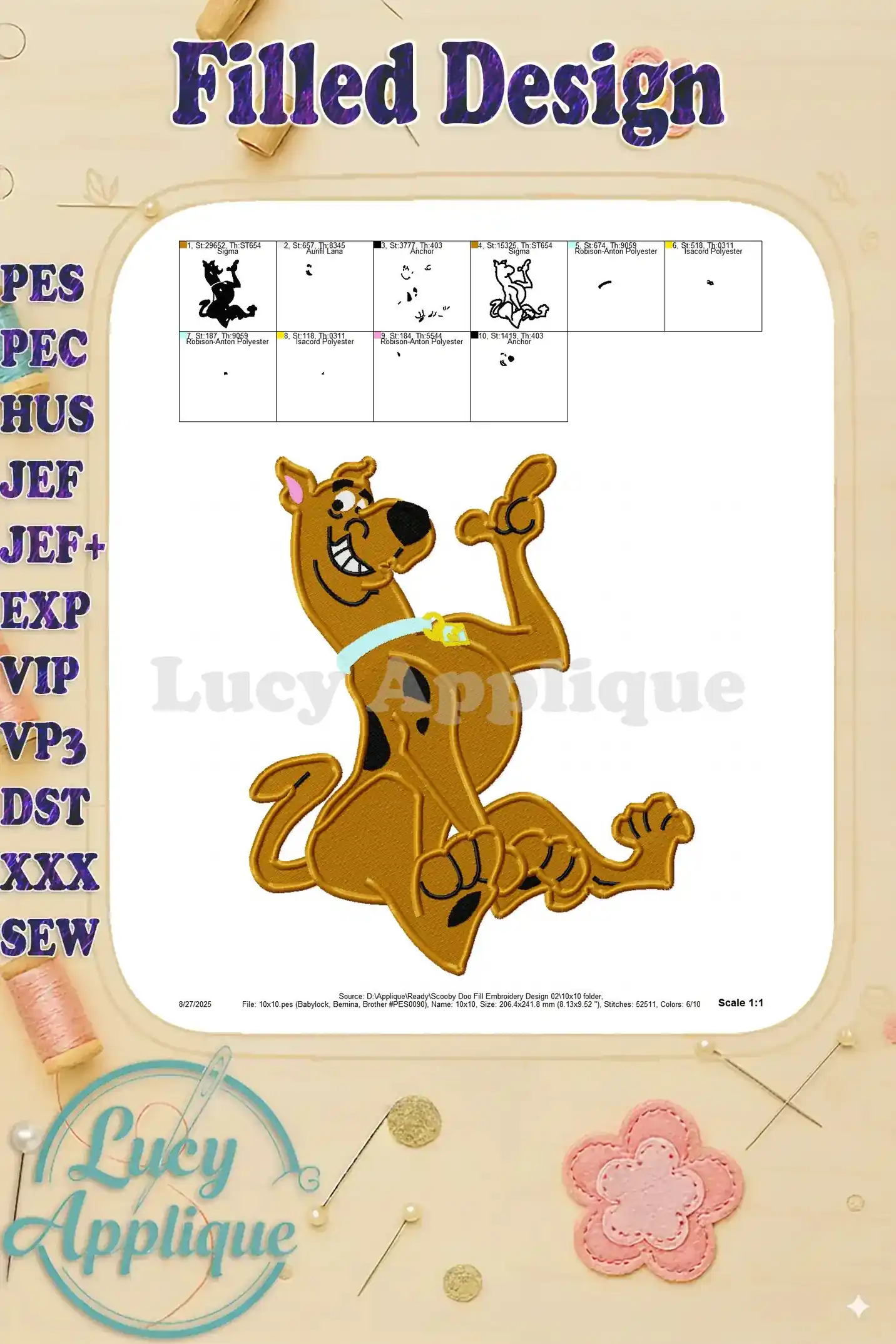 An image showing different sections of the Scooby Doo design with corresponding thread colors and fabric types. A scale is provided for reference.