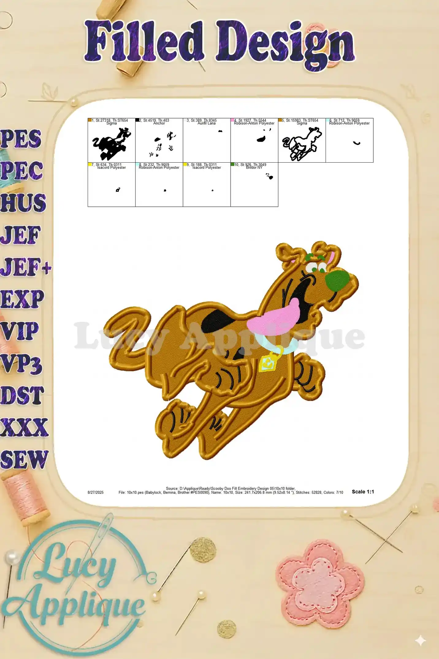 Full-size preview of the finished Scooby Doo filled embroidery design, showing details and scale. Perfect for visualization before stitching.