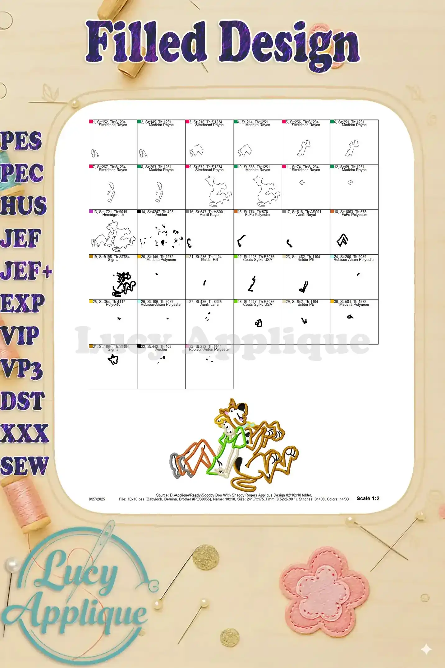 Filled design chart for Scooby Doo and Shaggy showing thread usage and other details for the filled design version.