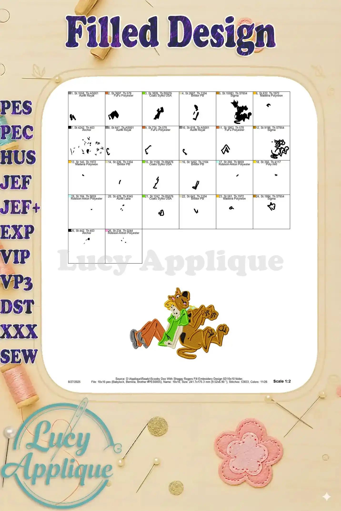Embroidery design layout showing complete thread color chart references for the Scooby and Shaggy design.