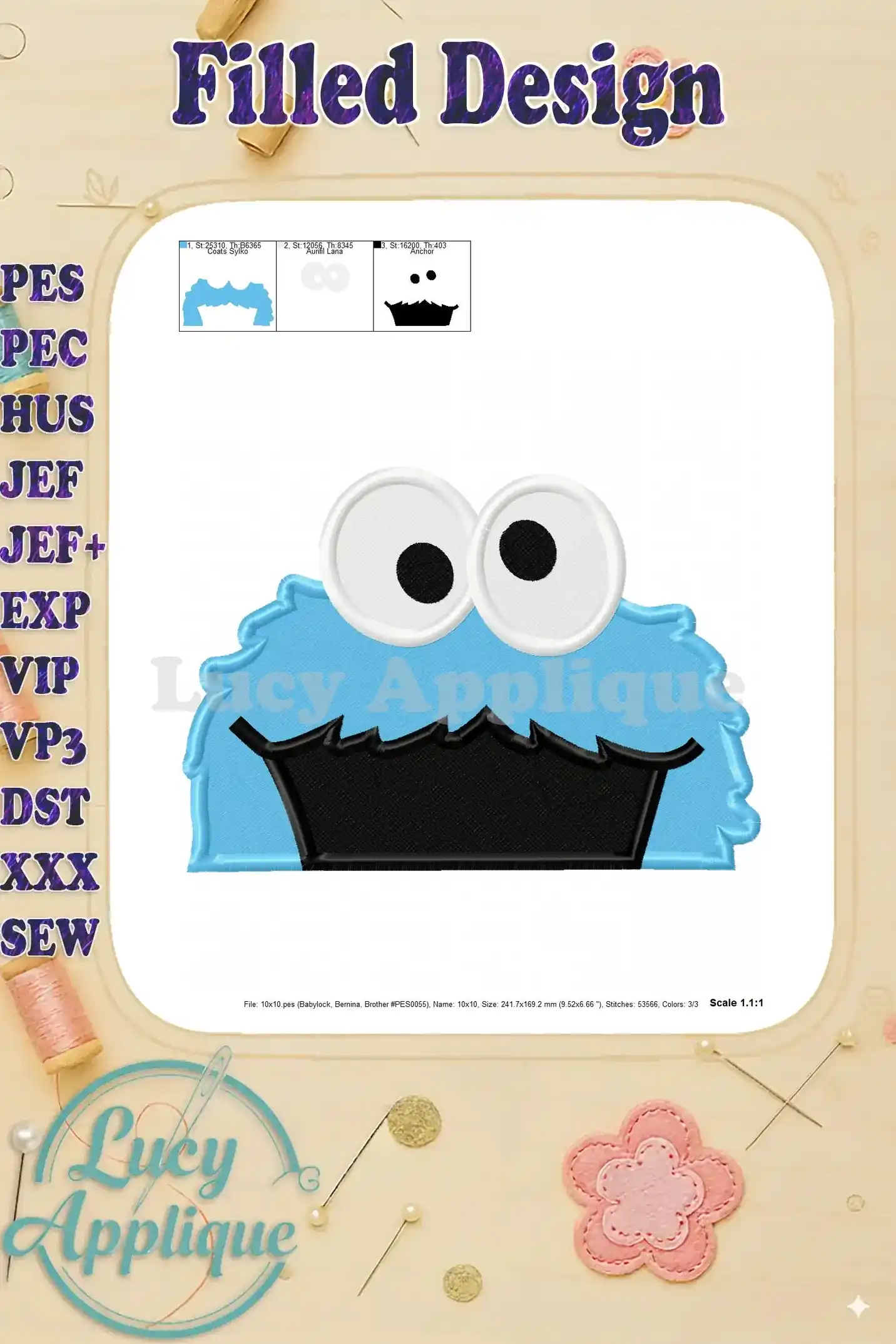 Alternative view of Cookie Monster embroidery design, showing the filled stitches and color details more clearly. Helpful for understanding the stitch style.