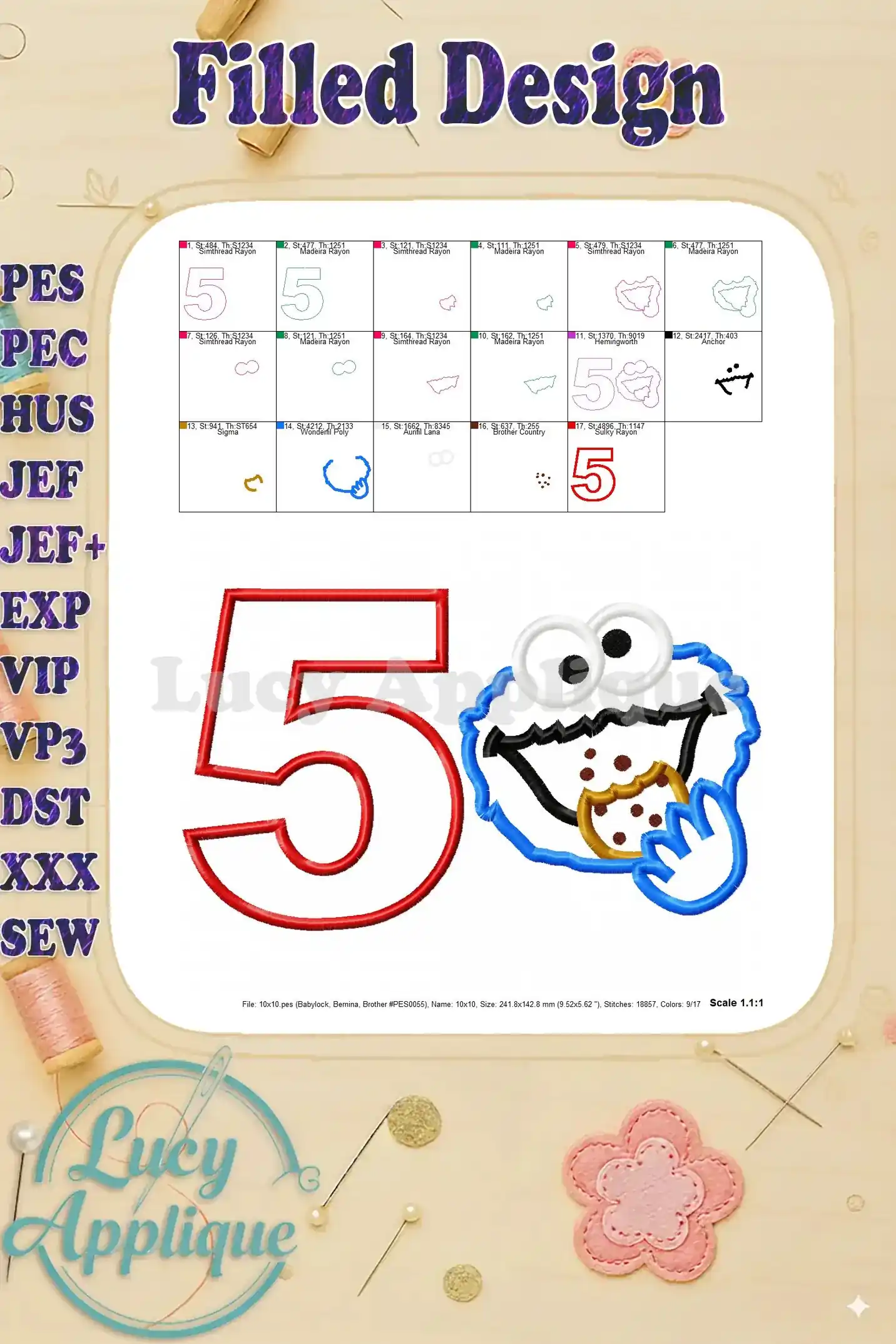 Filled design of Cookie Monster and the number 5, ready for embroidery. Shows the finished look before embroidery begins.