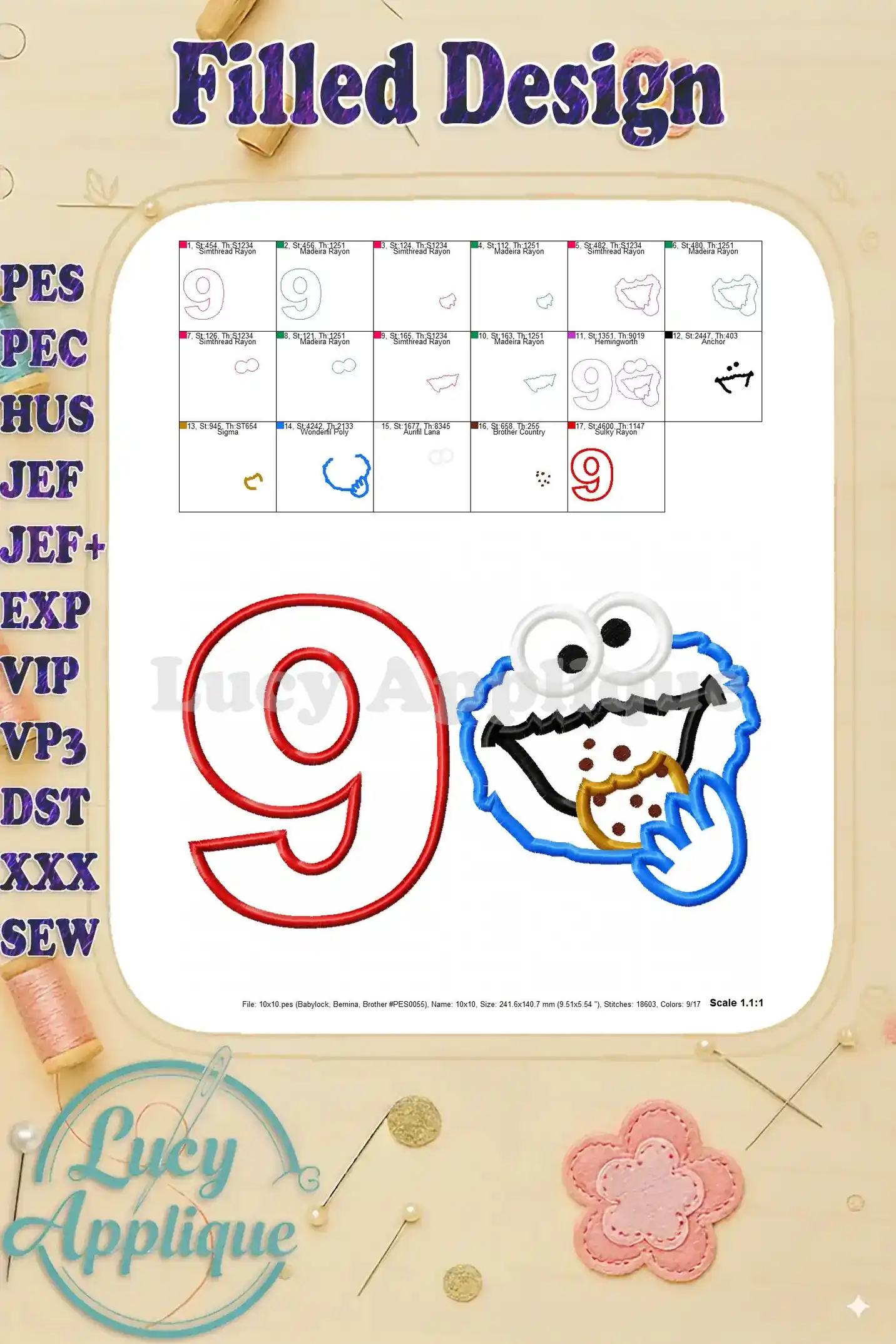 Filled design showing the completed Cookie Monster and number 9 applique design, with color details and stitch information.