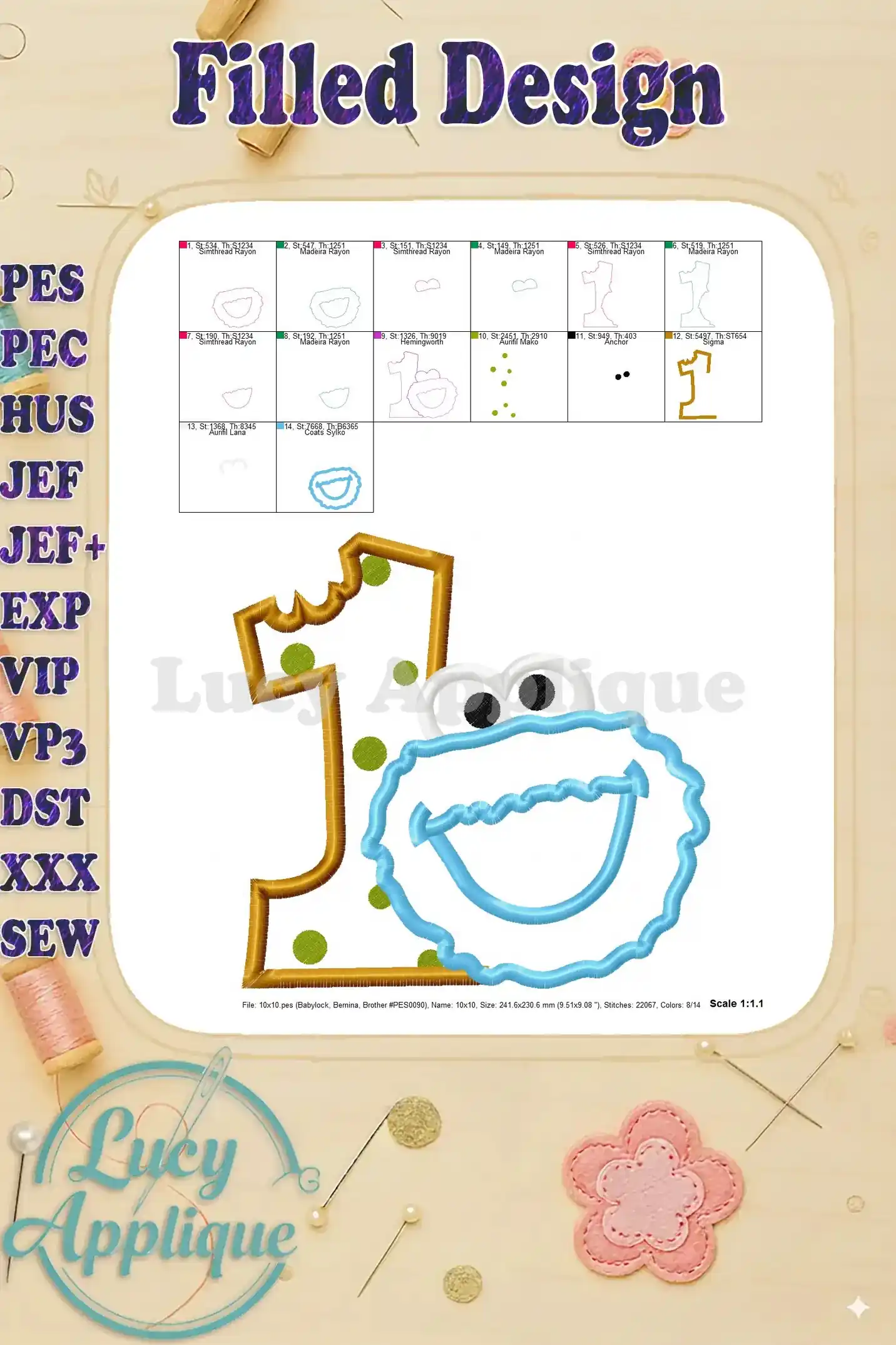 Filled design showing the completed Cookie Monster Number 1 applique embroidery, with details on the thread usage and stitch count.