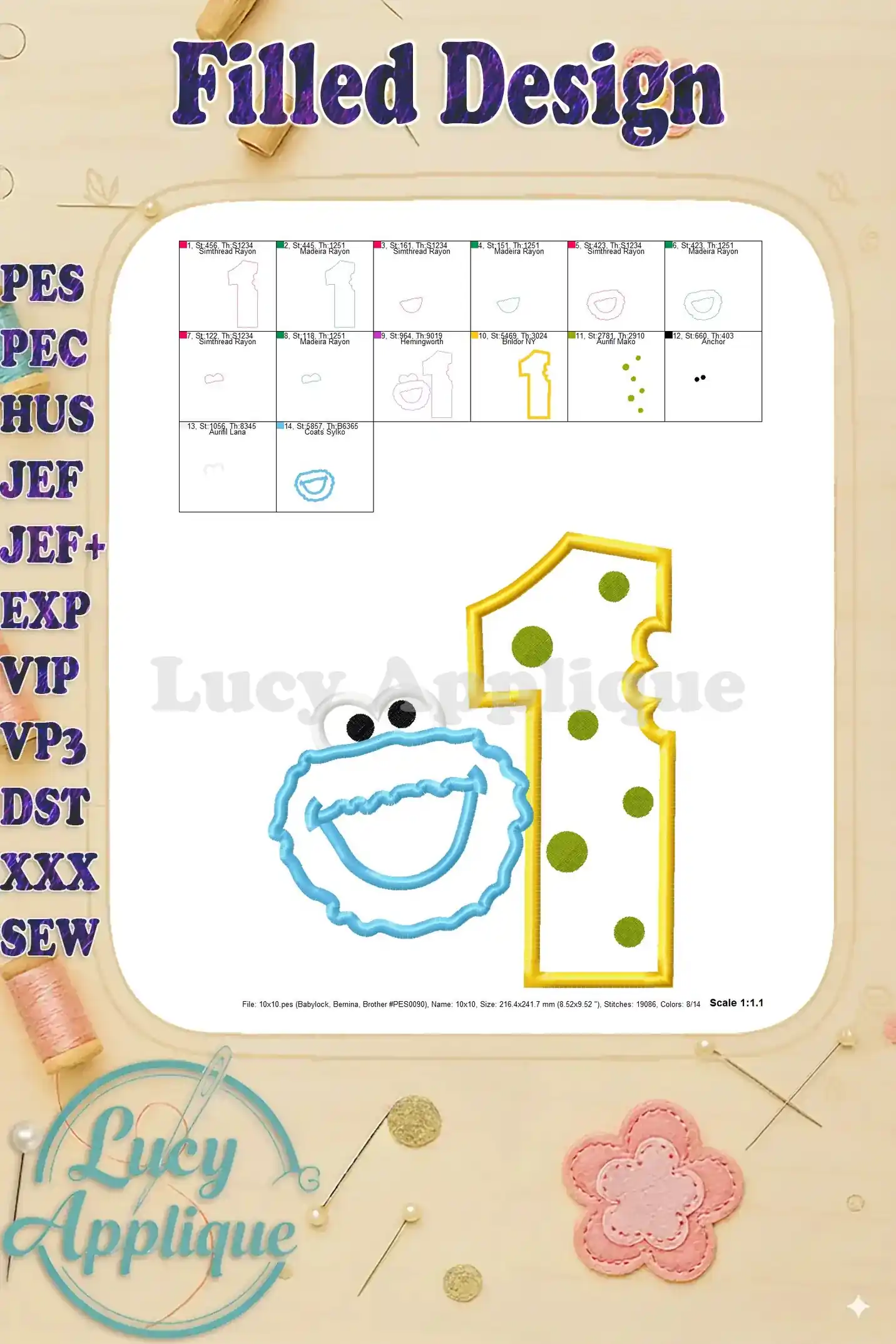 Filled design view of the Cookie Monster 1st birthday applique, showing the completed embroidery with all colors and details. Ready to be stitched!