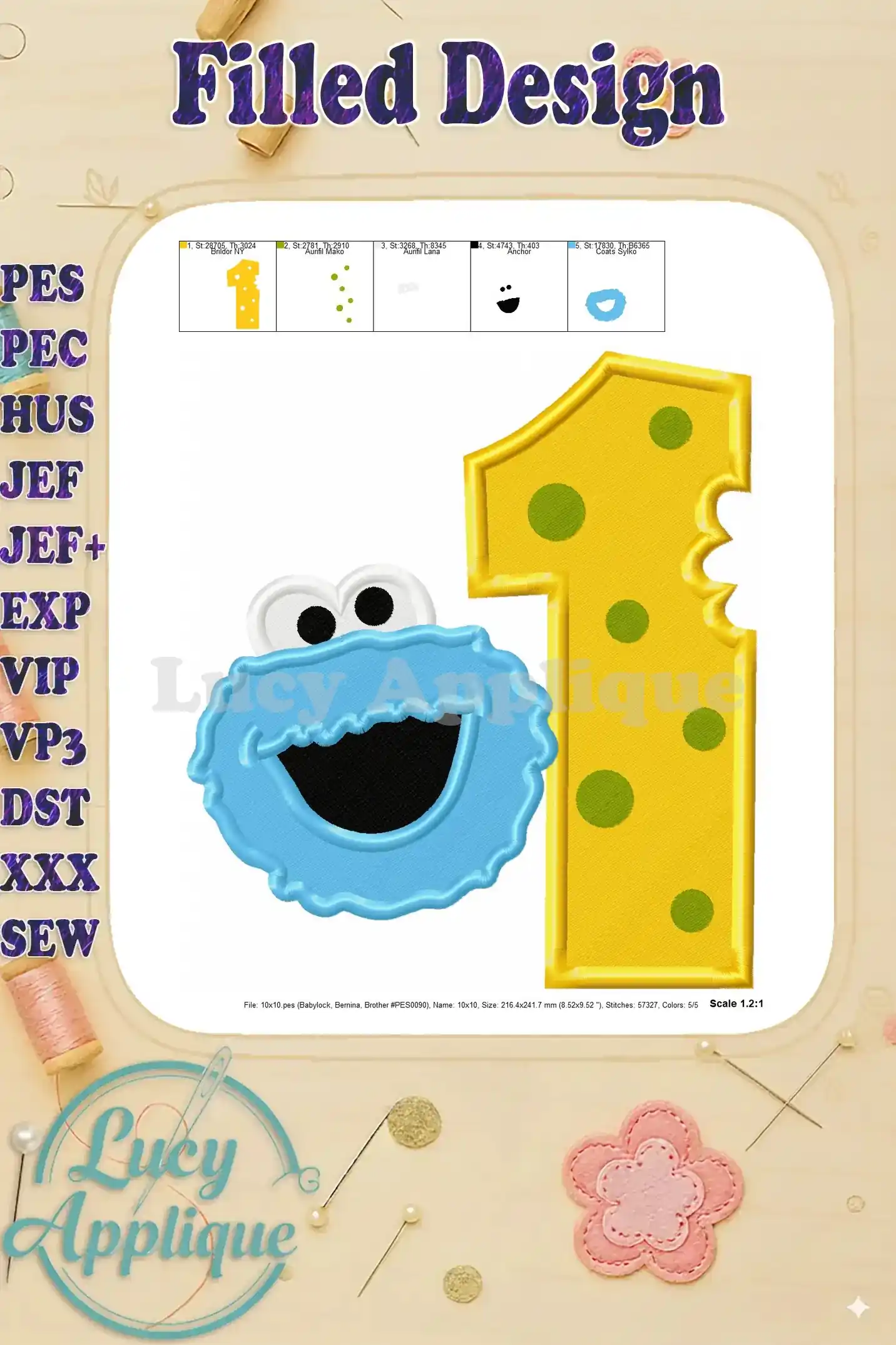 Close-up of the Cookie Monster Number 1 design with details on scale and stitch count. Perfect for first birthday.