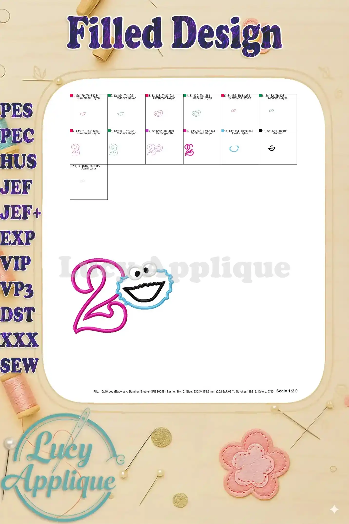 Filled design showing the completed Cookie Monster Number 2 Birthday Applique Embroidery Design. The image includes thread consumption details and design specifications.