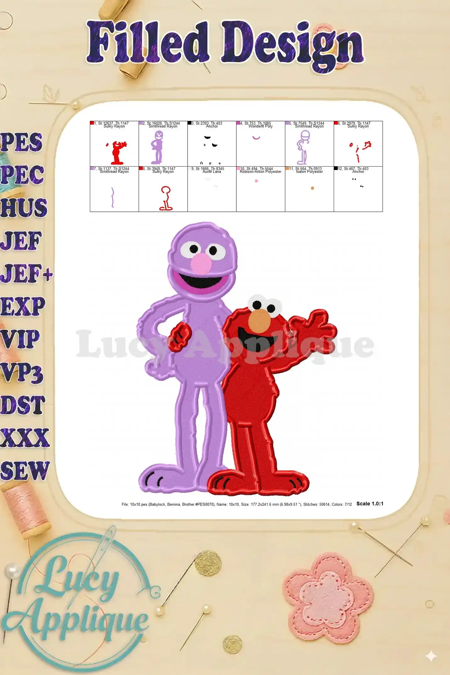 Embroidery design of Elmo and Grover from Sesame Street. They are standing side by side, Elmo is red, and Grover is purple. The design is filled and ready to stitch.