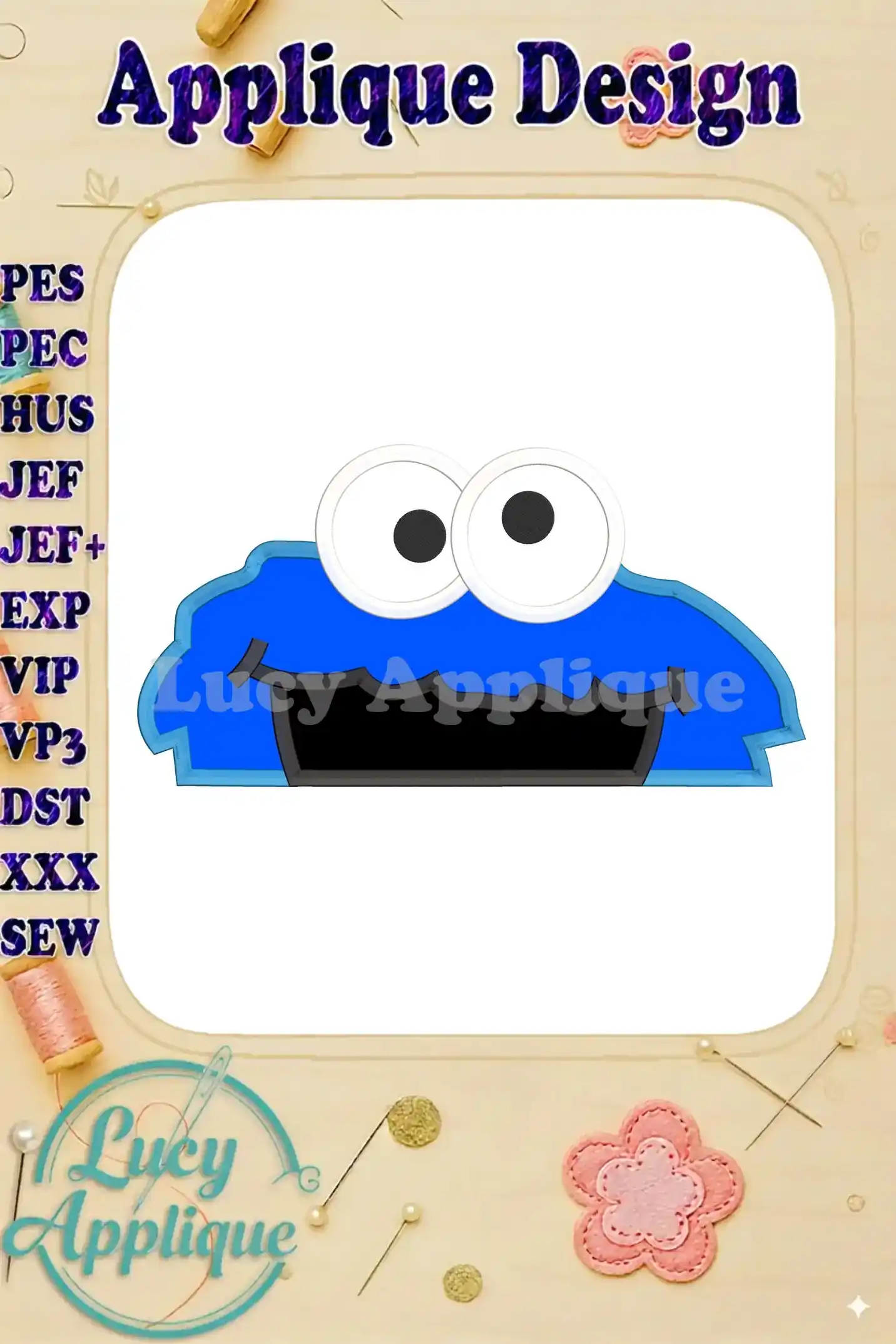 Cookie Monster applique embroidery design, showcasing the main design. A charming blue Cookie Monster face is displayed against a white background, ready to be stitched.