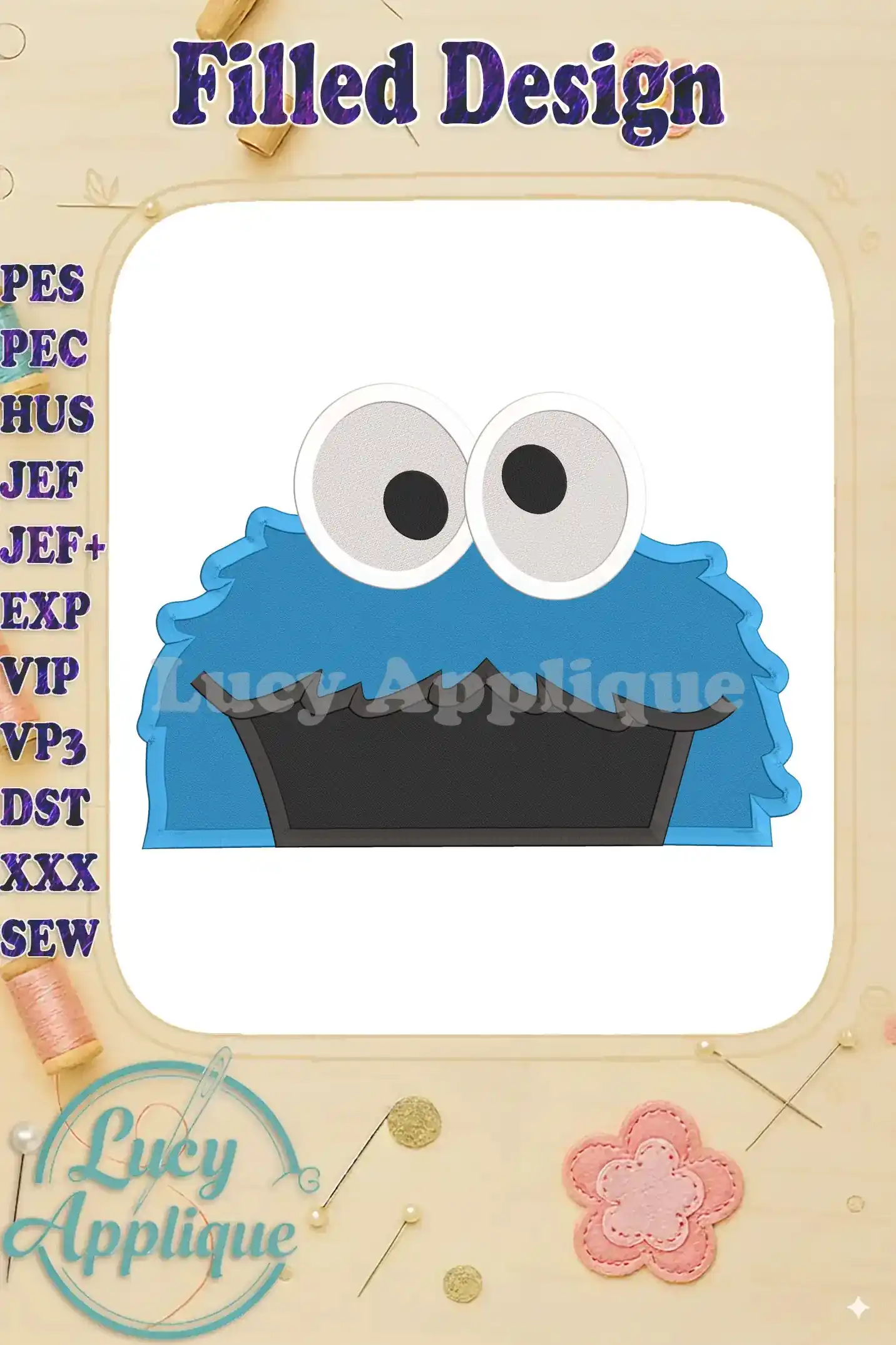 Embroidery design of Cookie Monster's head, blue fur, large eyes, and a playful grin. Filled stitch design, suitable for various fabrics.