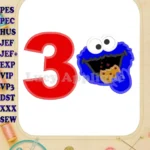 Cookie Monster Head Birthday Number 3 Applique Design - Instant Download
