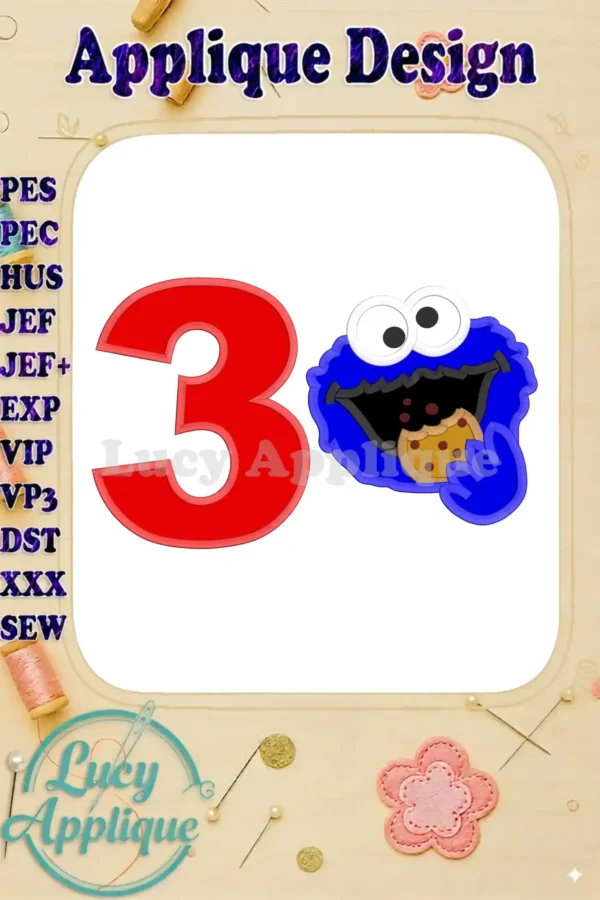 Embroidery design of Cookie Monster eating a cookie with number 3, perfect for a 3rd birthday. Applique design in various formats like PES, HUS, JEF, etc.