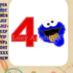 Cookie Monster Head Birthday Number 4 Applique Design - Instant Download