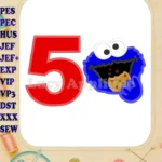 Cookie Monster Head Birthday Number 5 Applique Design - Instant Download