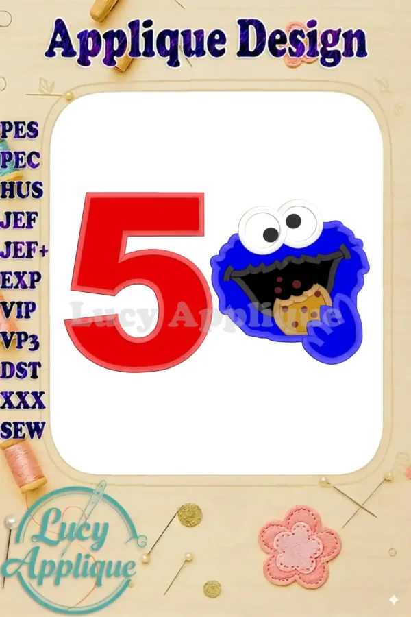 Embroidery design featuring Cookie Monster eating a cookie, beside the number 5. Applique design suitable for various fabrics and projects. Perfect for a 5th birthday celebration.