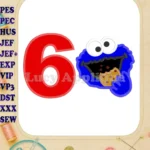 Cookie Monster Head Birthday Number 6 Applique Design - Instant Download