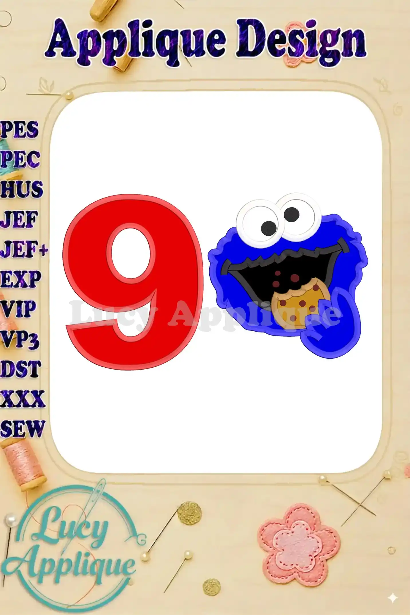 Embroidery design featuring Cookie Monster eating a cookie and the number 9, in red and blue, ready to be stitched onto fabric. Applique design.