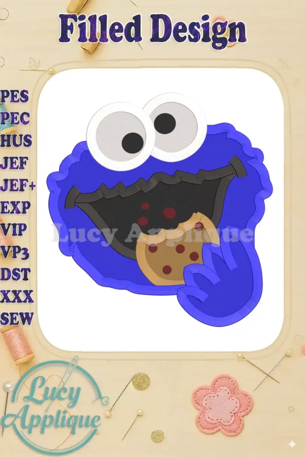 Embroidery design of Cookie Monster enjoying a cookie. Filled stitch style, vibrant blue, detailed features. Perfect for apparel, home decor, and more!