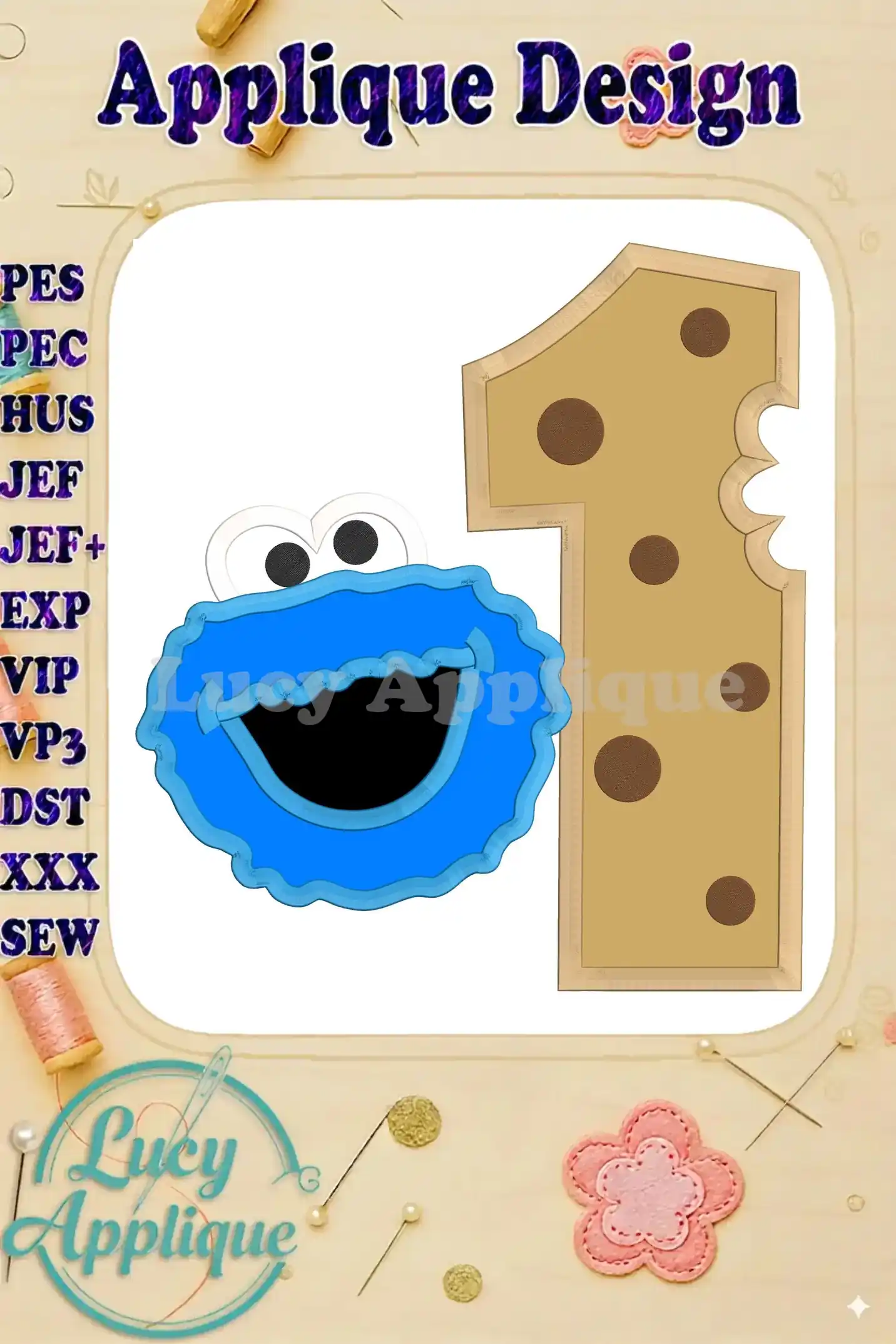 Cookie Monster applique design for a 1st birthday, showing the number 1 with Cookie Monster's face. Perfect for creating personalized gifts and decorations.