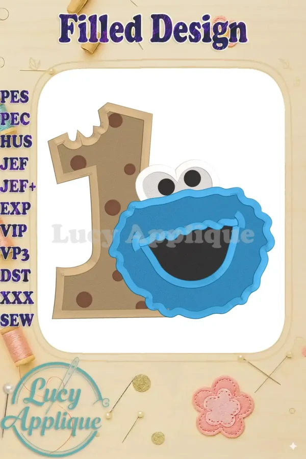 Adorable Cookie Monster-themed embroidery design for a first birthday. Features a filled number one with Cookie Monster's face, perfect for adding a personalized touch to any project.
