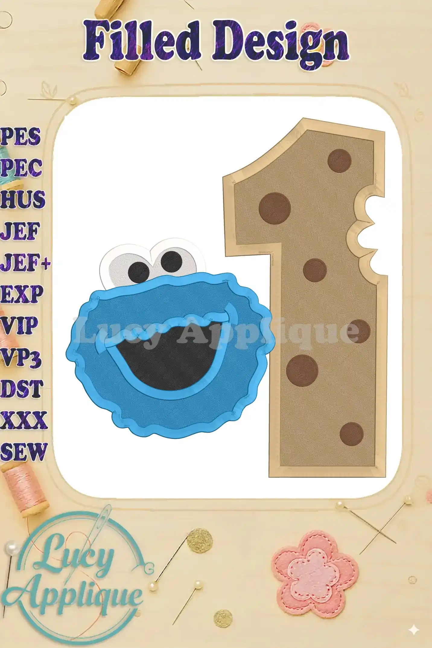 Embroidery design of Cookie Monster as a number one for a first birthday, in blue and yellow. Filled design stitch.