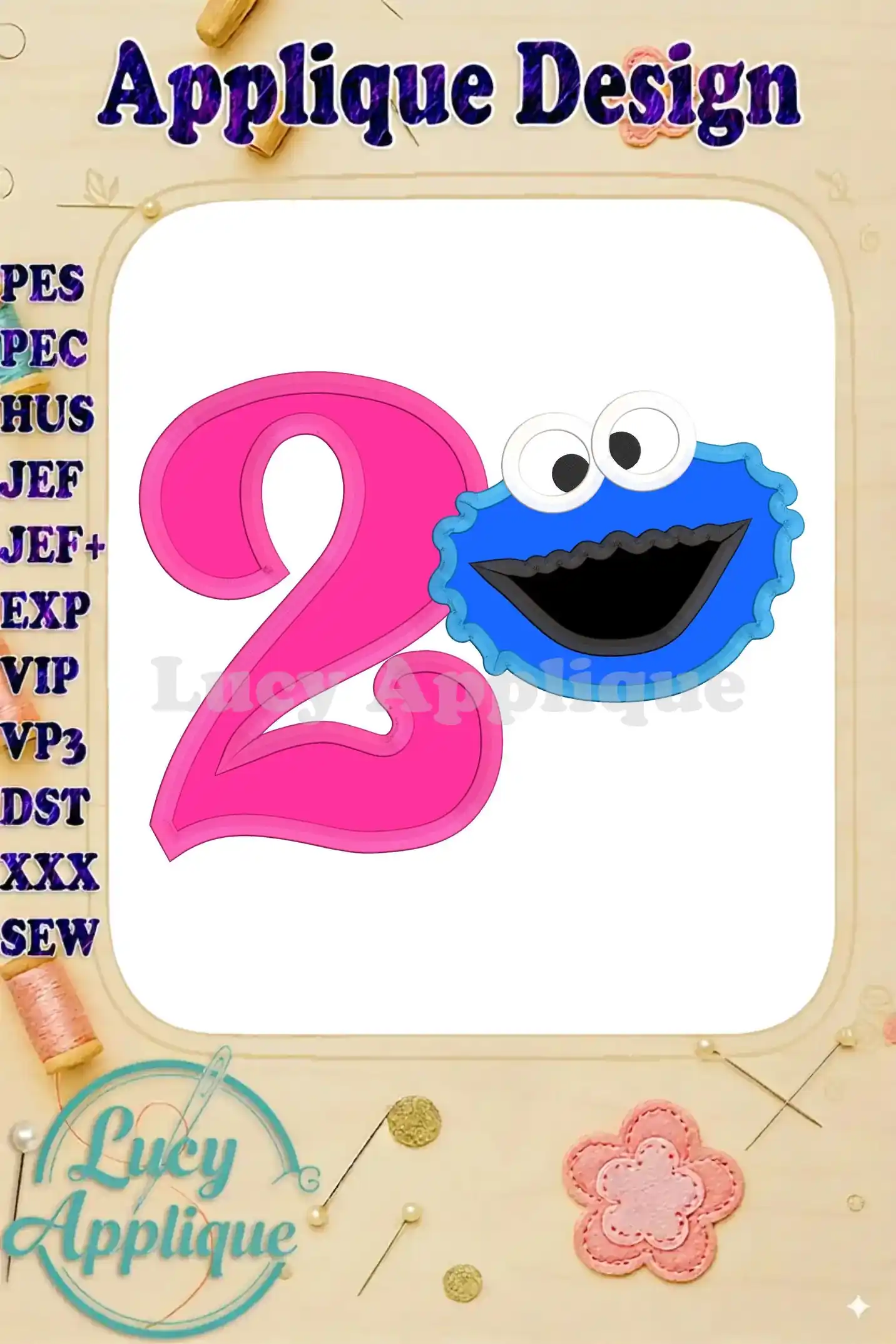 Embroidery design featuring Cookie Monster and the number 2, perfect for a second birthday. The design is presented as an applique, showcasing various stitch types and color combinations.