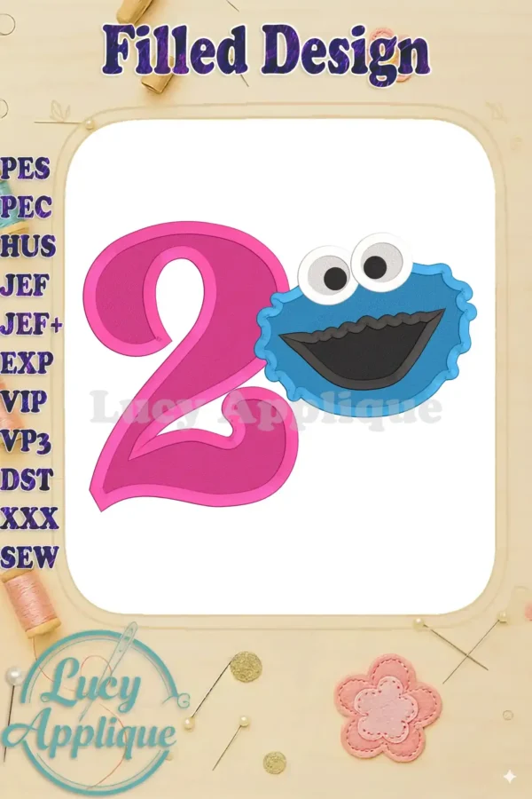 Embroidery design of Cookie Monster and the number 2, in pink and blue, suitable for a 2nd birthday. The design is filled and ready to be stitched.
