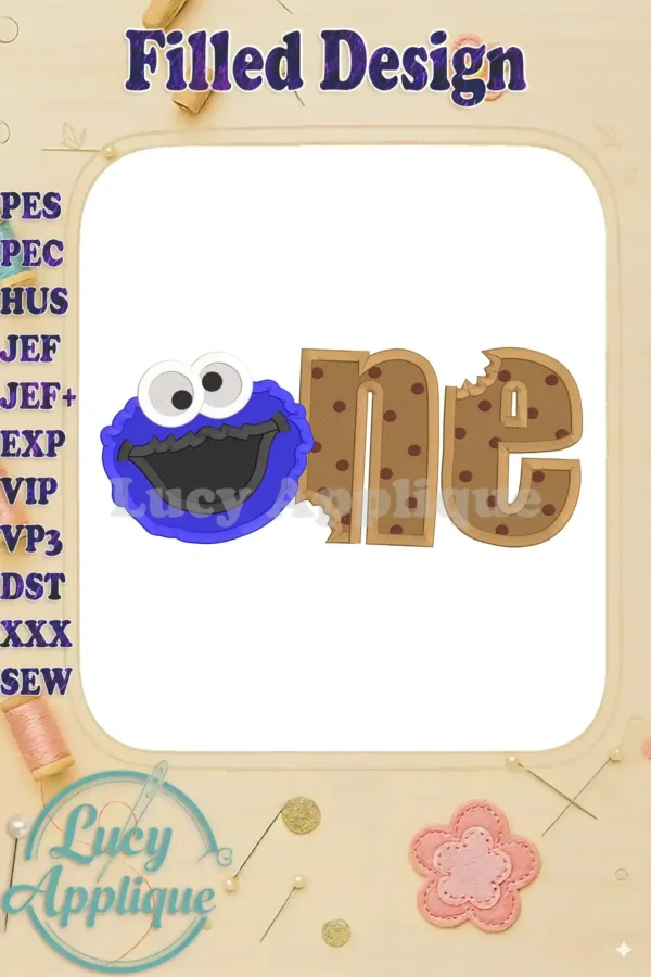 A cute Cookie Monster-themed "One" for a first birthday, perfect for embroidery. The design features Cookie Monster's face next to the number one, made to look like a cookie.