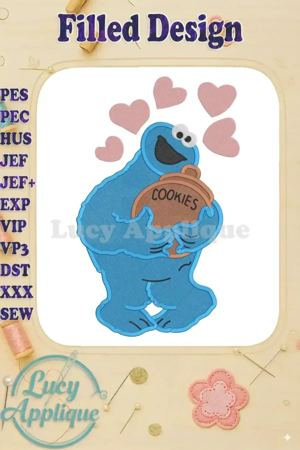 Embroidery design of Cookie Monster from Sesame Street, holding cookies and surrounded by hearts. Filled stitch style, various file formats available for different machines.