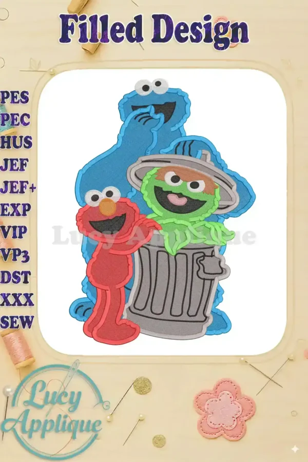 Embroidery design featuring Cookie Monster, Elmo, and Oscar the Grouch from Sesame Street. The characters are in filled stitch style against a light background.