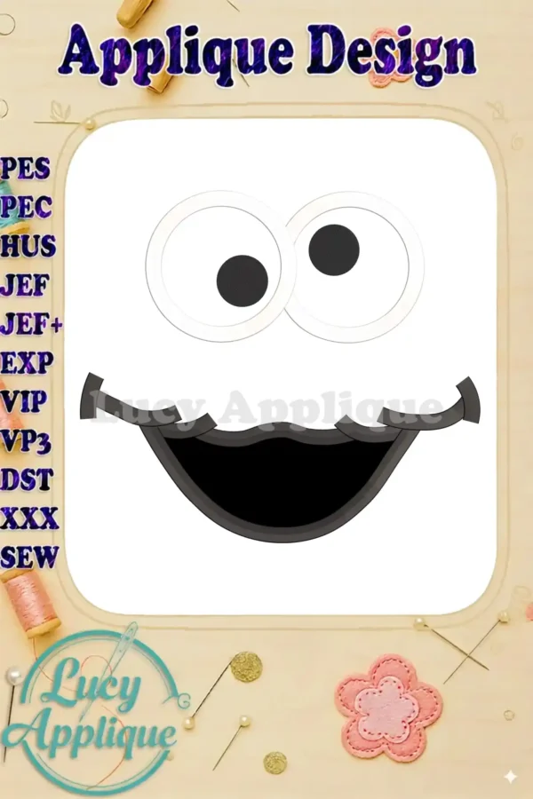 Embroidery design of Cookie Monster's face, an applique design with simple features. Perfect for beginners, this design is shown in a white square on a beige background.