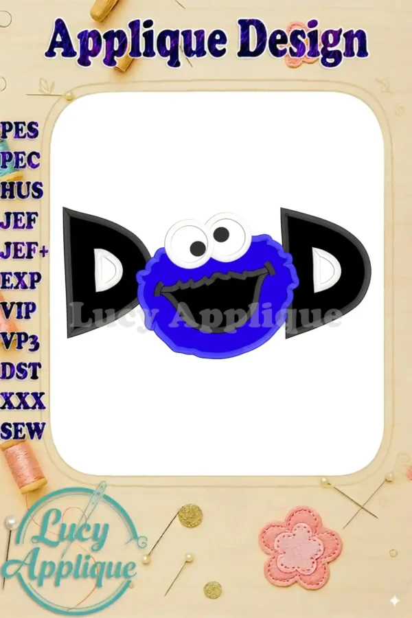 Adorable Cookie Monster face applique embroidery design, shown on a white background with a black and blue color scheme. Perfect for adding a fun touch to any project!