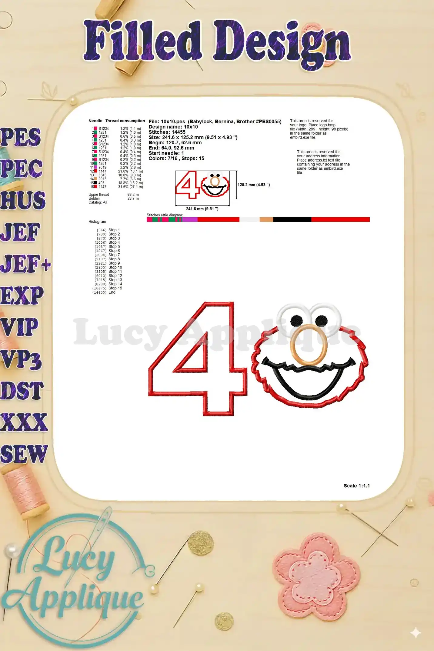 Detailed information on the filled design, including thread consumption, stitch count, and design dimensions.