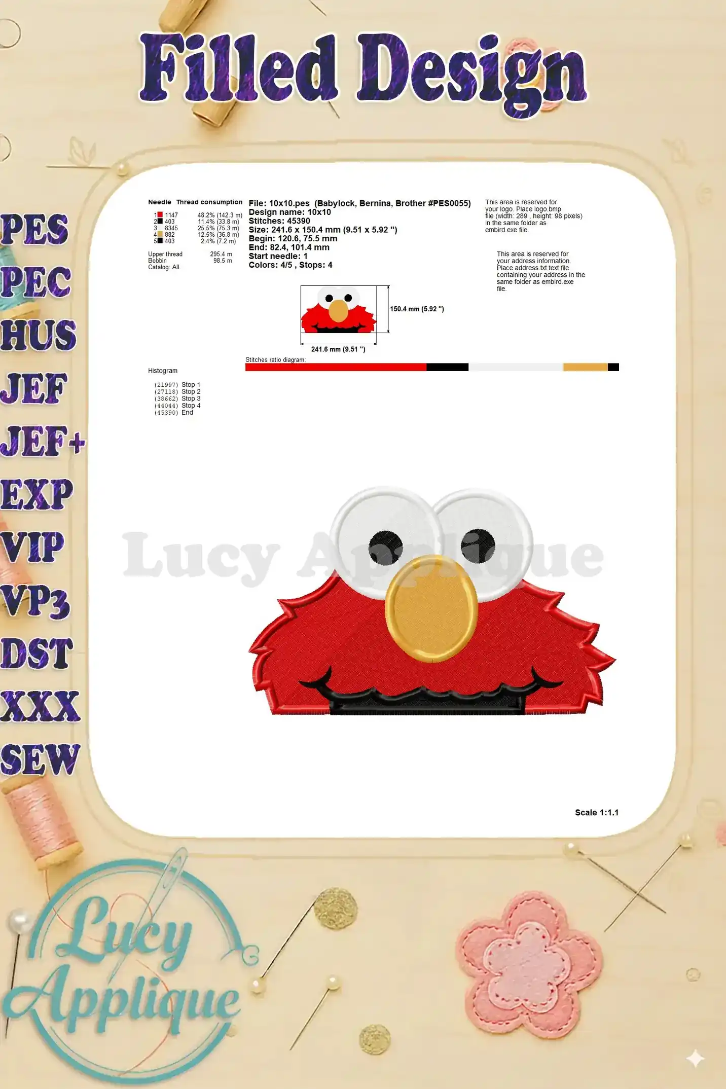 This image shows detailed information about needle and thread consumption in the Elmo embroidery design, useful for preparation.