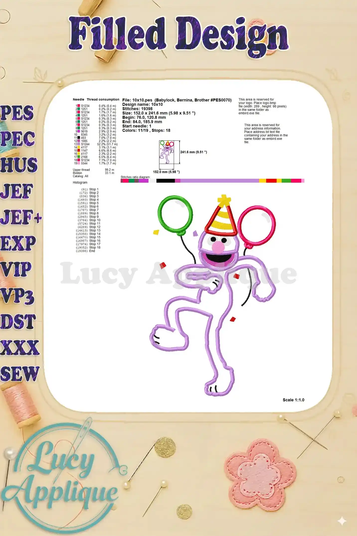 Detailed information on the filled design for Grover's Sesame Street Birthday Applique, including thread consumption and size specifications.