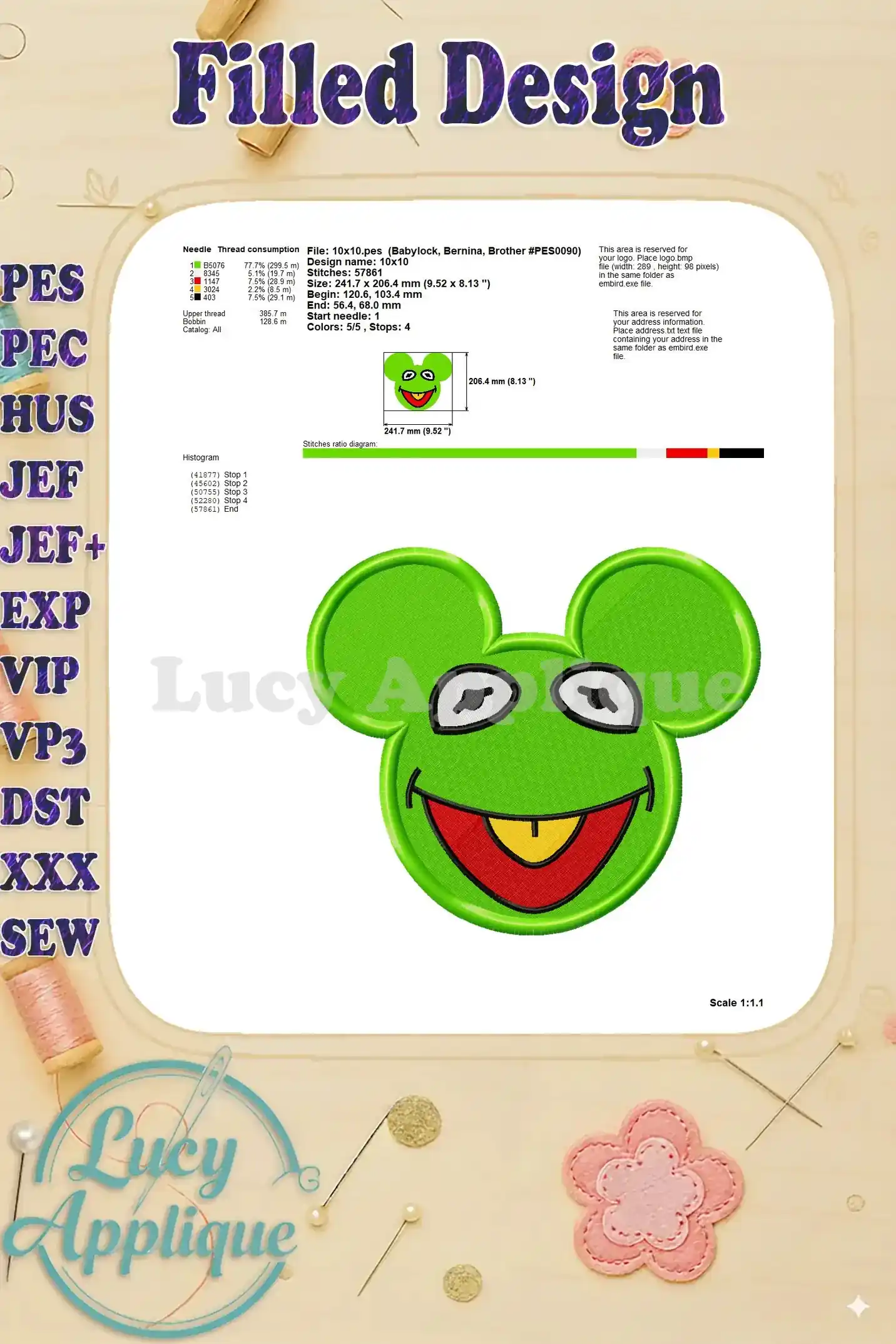 A detailed technical drawing of the Kermit the Frog embroidery design, showing stitch count, dimensions, and needle/thread information. Ideal for experienced embroiderers.