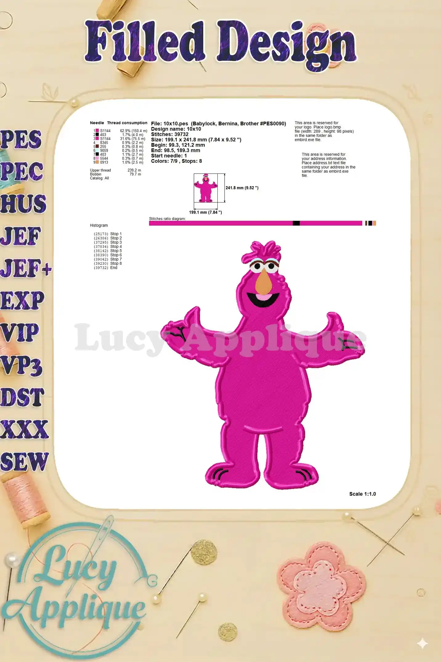 Needle and thread consumption chart for the Telly Monster embroidery design. Provides essential information about thread usage and needle size.