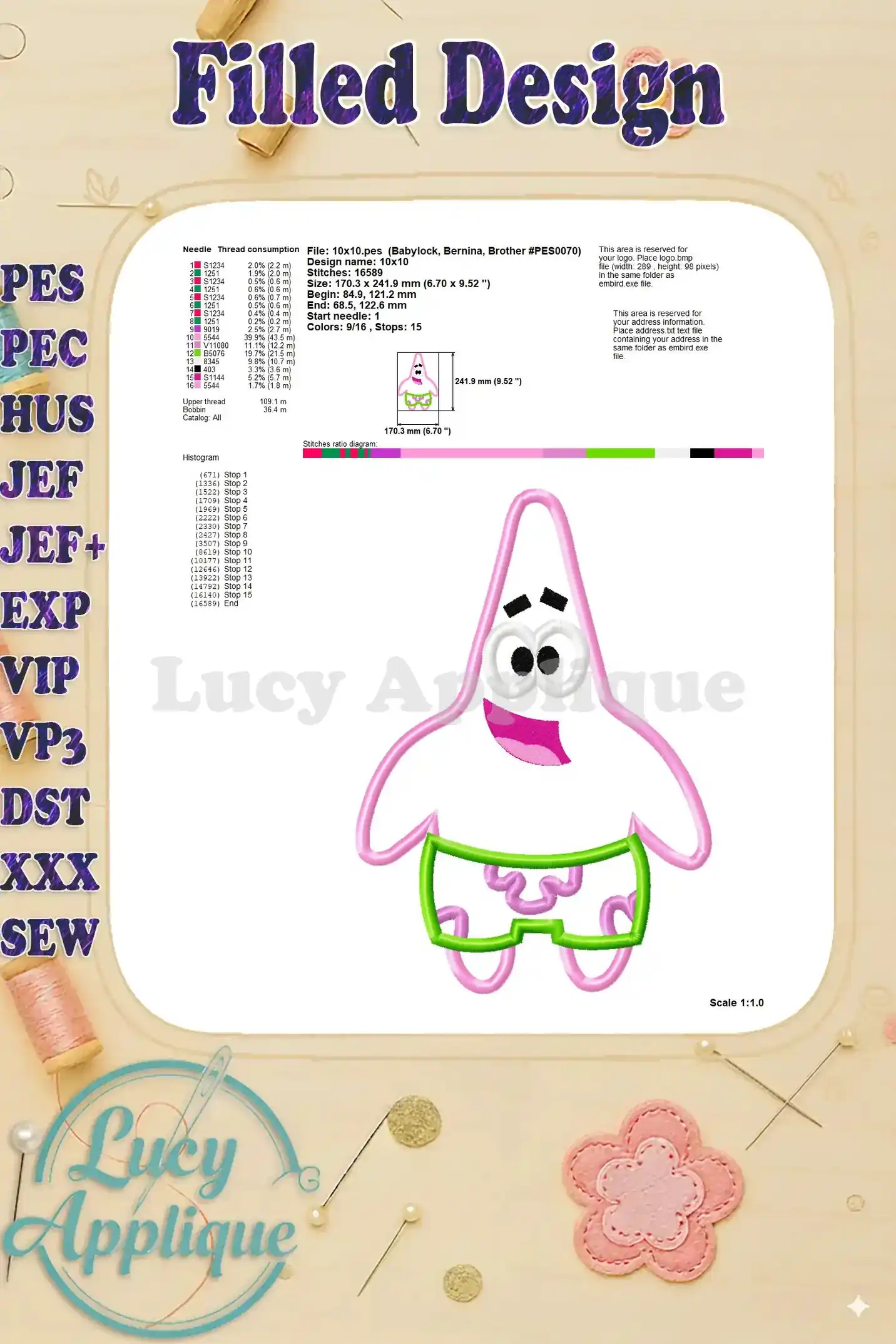 Detailed information on thread consumption, design dimensions, and other relevant details for the Patrick Star applique embroidery design.