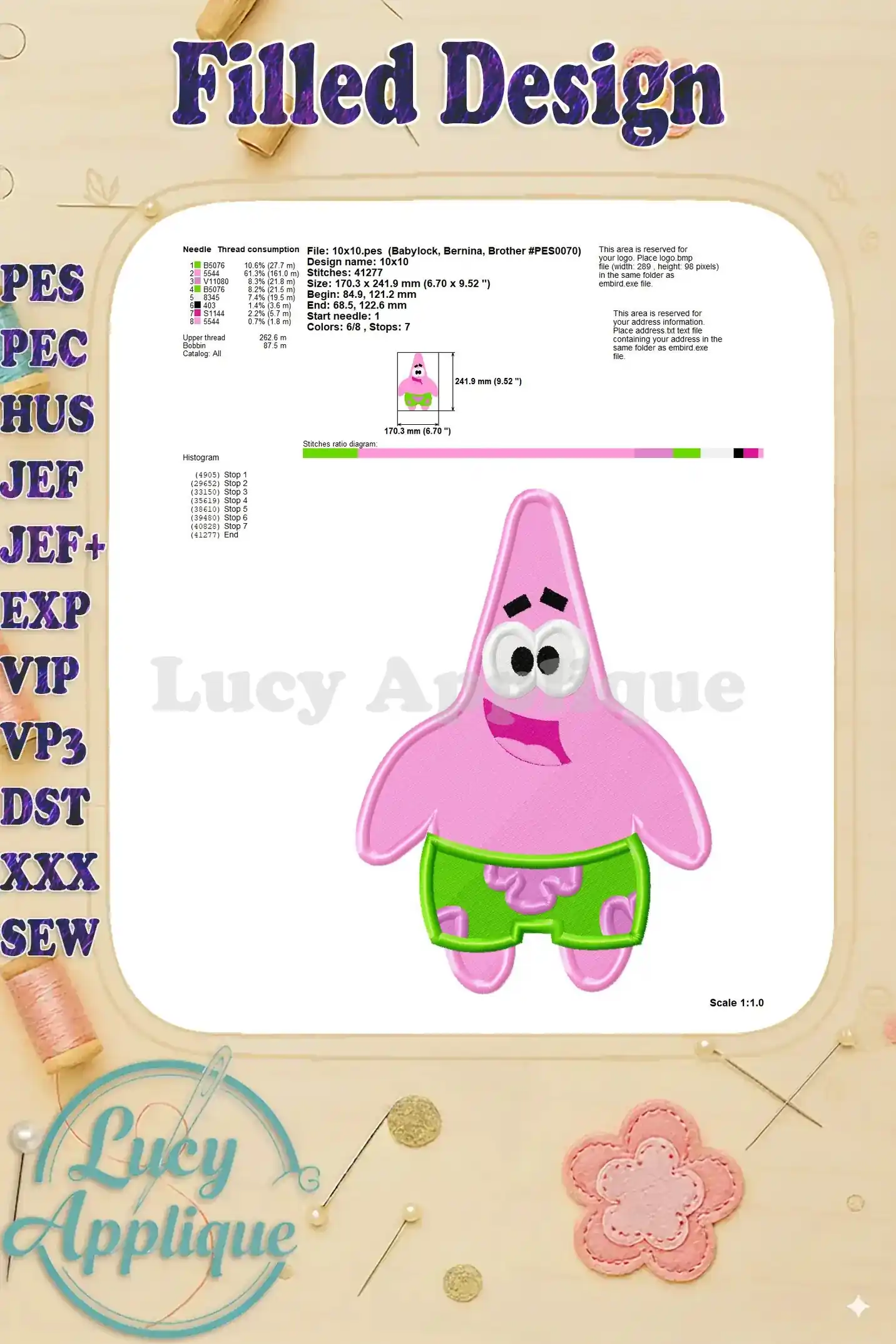 Diagram showing the placement of the design on the fabric, including the size and needle information.