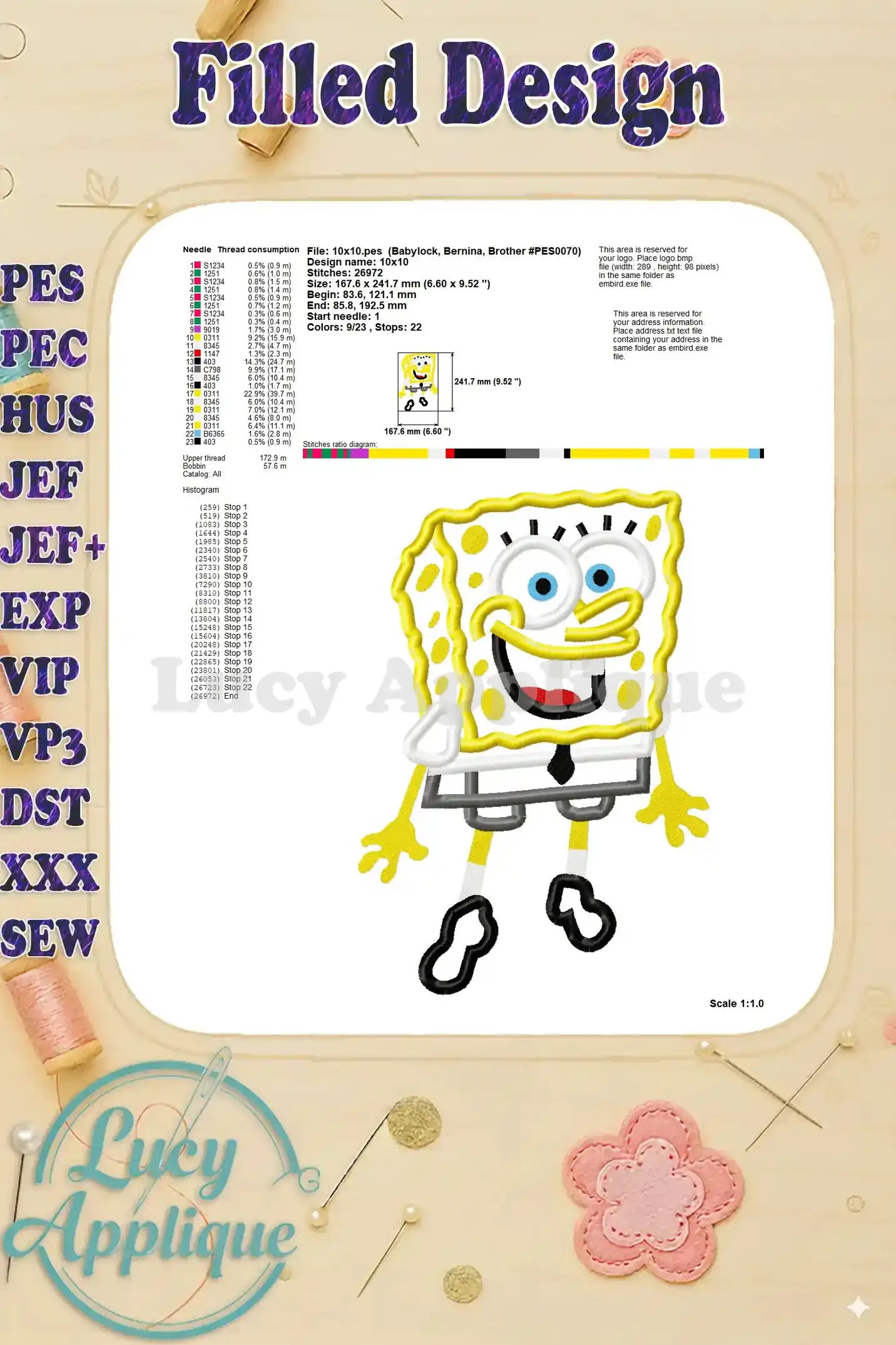 Detailed information on the SpongeBob applique embroidery design, including stitch count, fabric requirements, and other specifications.