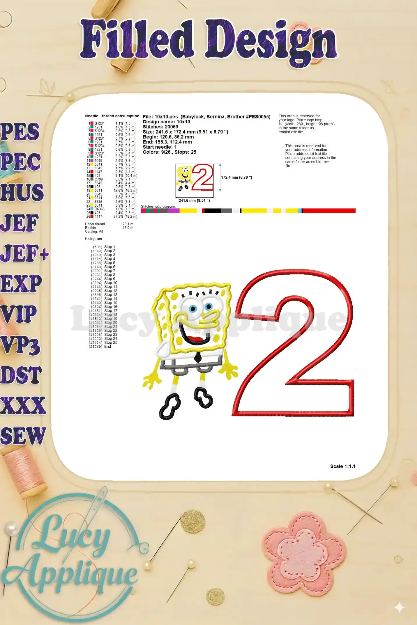 Filled design showing the complete embroidered image of SpongeBob and the number 2 with detailed information.