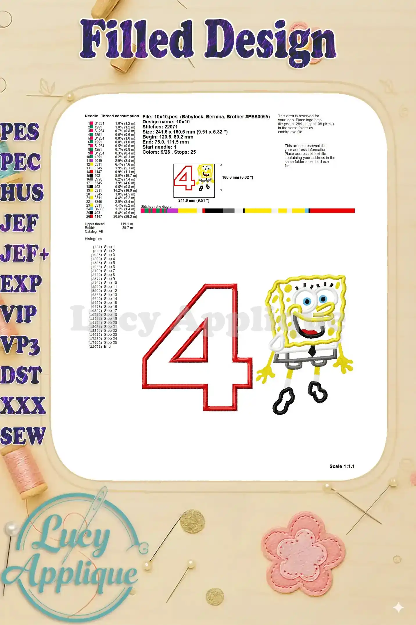 Filled design showing the finished SpongeBob SquarePants number 4 applique, including thread consumption and stitch details.