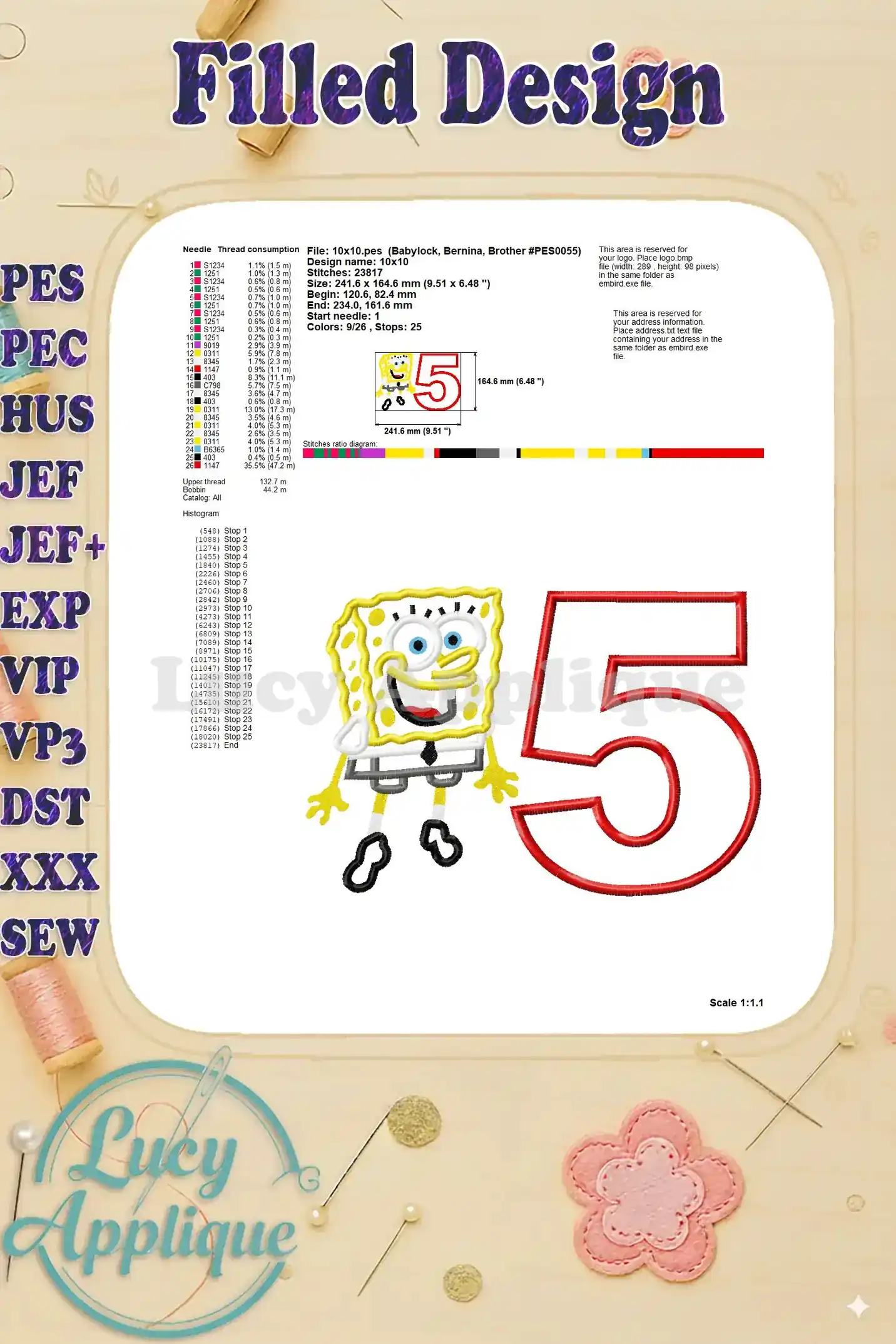 A detailed filled design sheet showing the complete layout of the SpongeBob SquarePants and number 5 applique embroidery design, with thread consumption information.